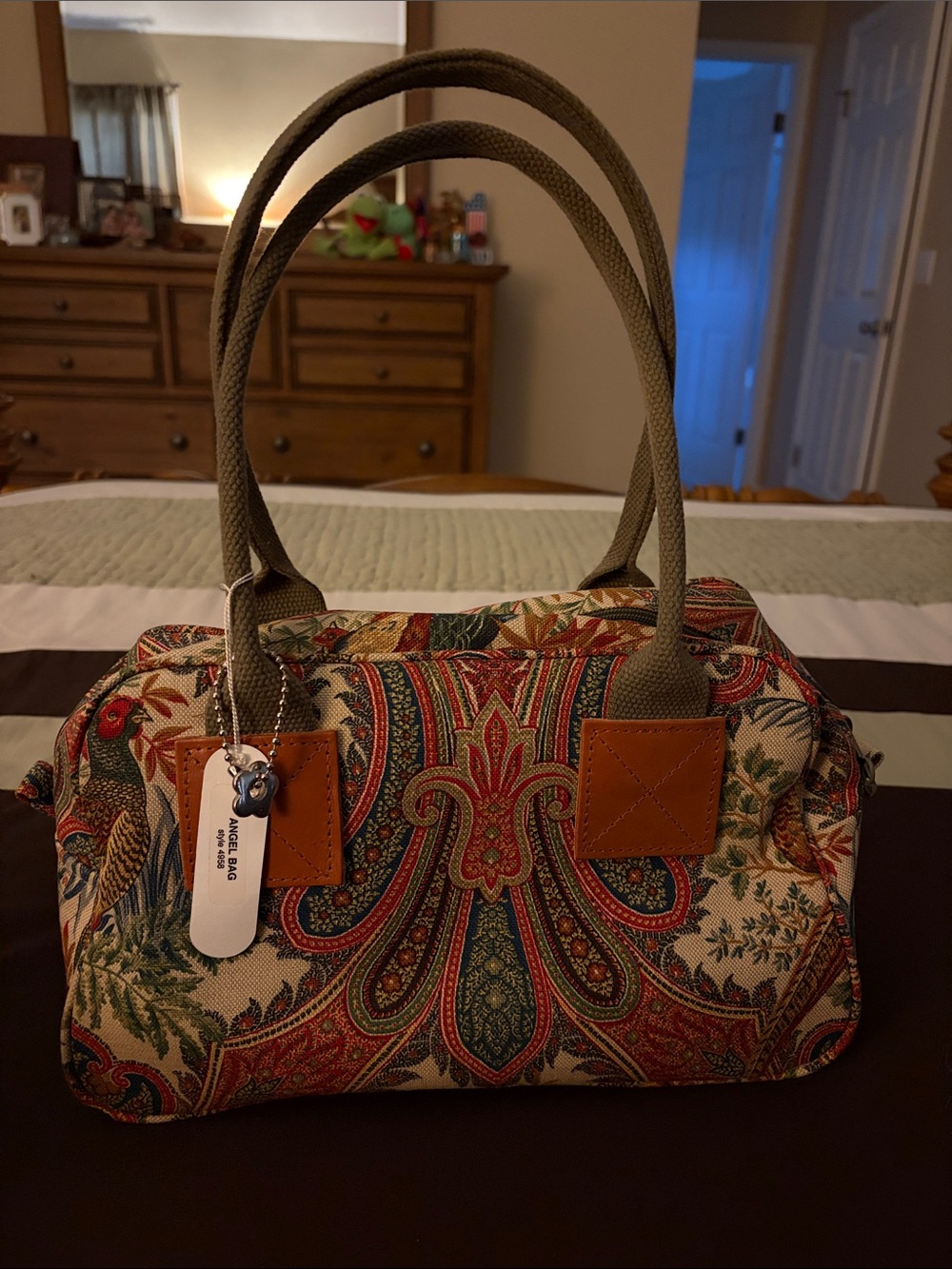 Nordic House Designs Paisley Canvas Satchel Bag with Olive Handles & Leather